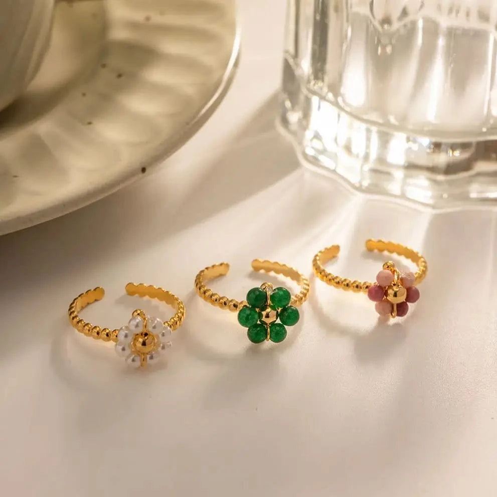 Resizable / R2032 R2032 Trendy Stainless Steel Jewelry Gift Charm 18K Gold Plated Opening Adjustable Pearl Sunflower Rings