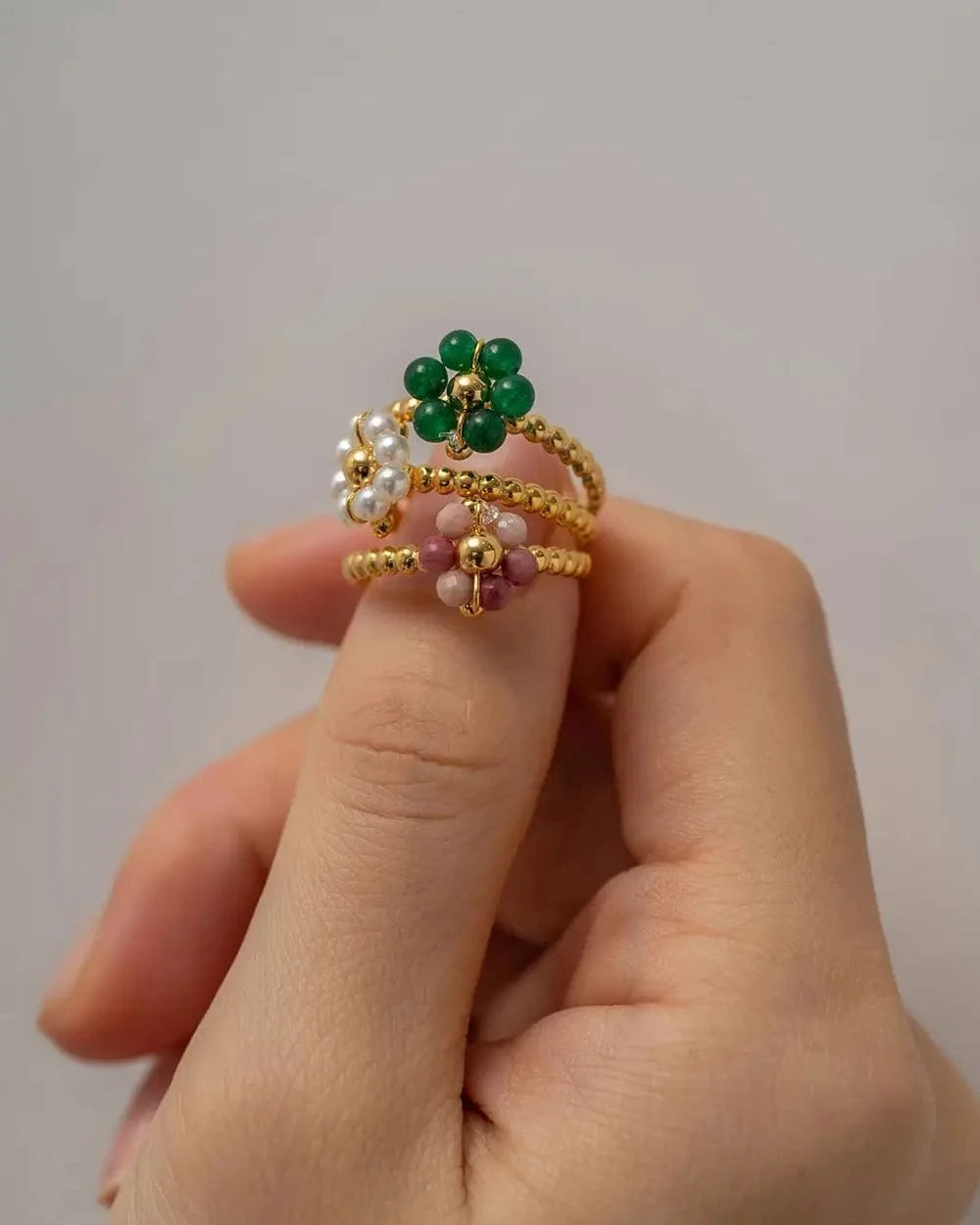 Resizable / R2032 R2032 Trendy Stainless Steel Jewelry Gift Charm 18K Gold Plated Opening Adjustable Pearl Sunflower Rings