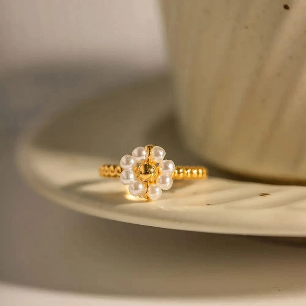 Resizable / R2032 R2032 Trendy Stainless Steel Jewelry Gift Charm 18K Gold Plated Opening Adjustable Pearl Sunflower Rings