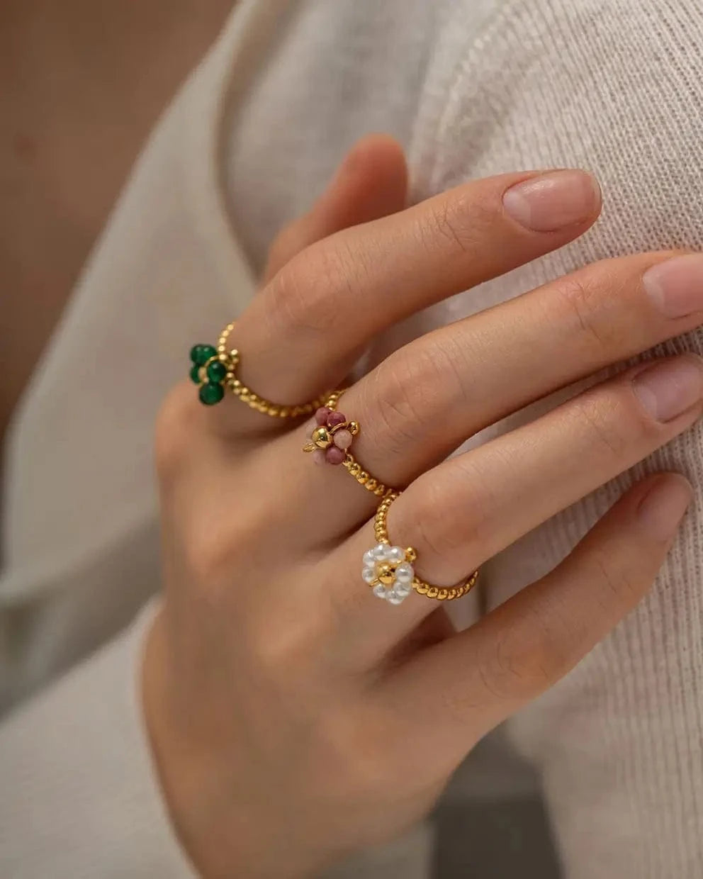 Resizable / R2032 R2032 Trendy Stainless Steel Jewelry Gift Charm 18K Gold Plated Opening Adjustable Pearl Sunflower Rings