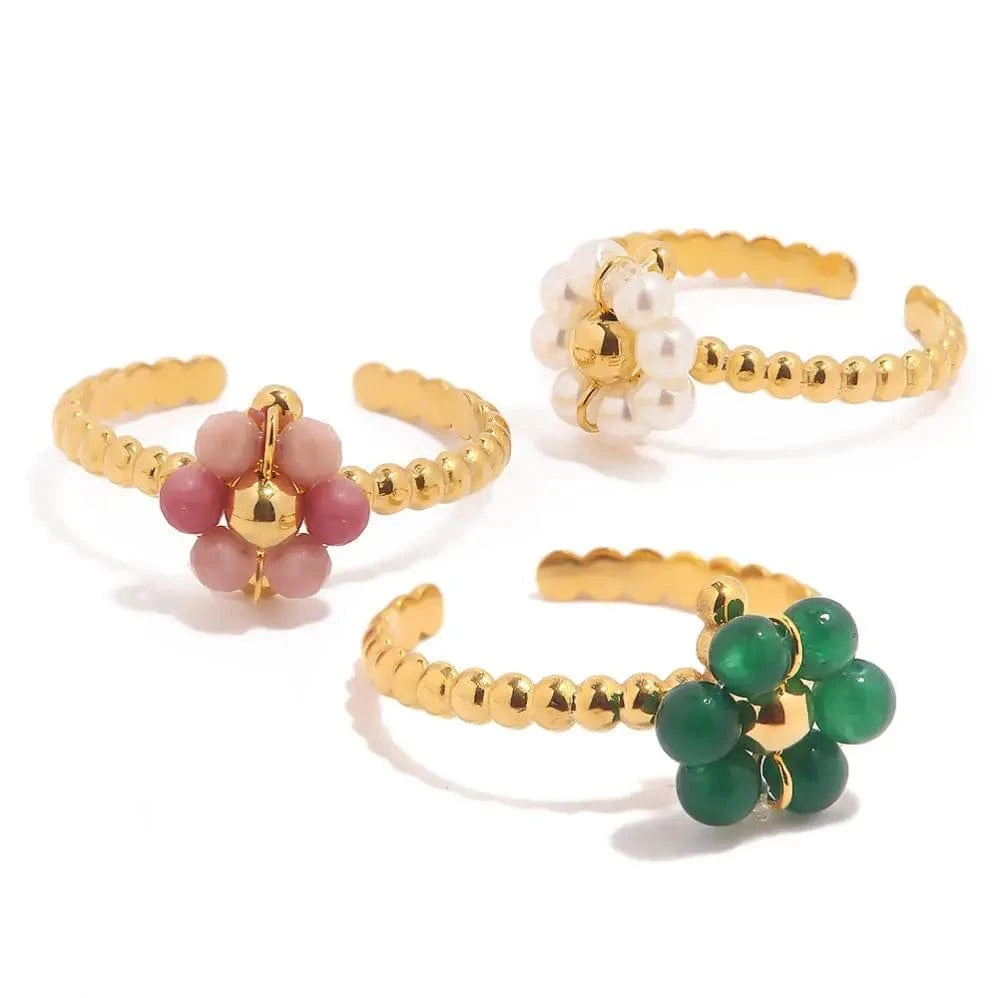 Resizable / R2032 R2032 Trendy Stainless Steel Jewelry Gift Charm 18K Gold Plated Opening Adjustable Pearl Sunflower Rings