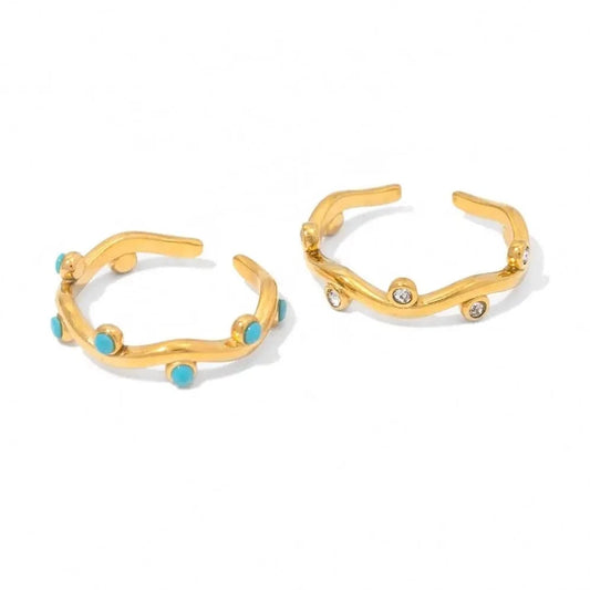 Resizable / R2065 R2065 Dainty 18K Gold Plated Stainless Steel Clear Cubic Zirconia Turquoise Leaf Adjustable Rings