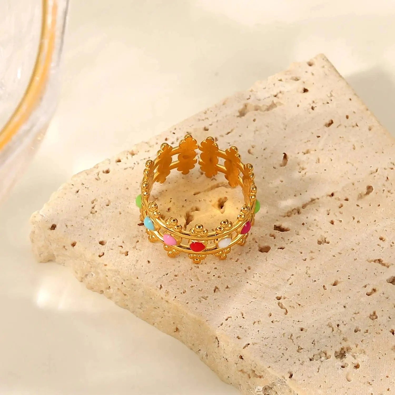 Resizable / R2087 R2087 INS Colorful Crown Stainless Steel 18k Gold Plated Oil Driping Enamel Jewelry Waterproof Wide Band Rings Women