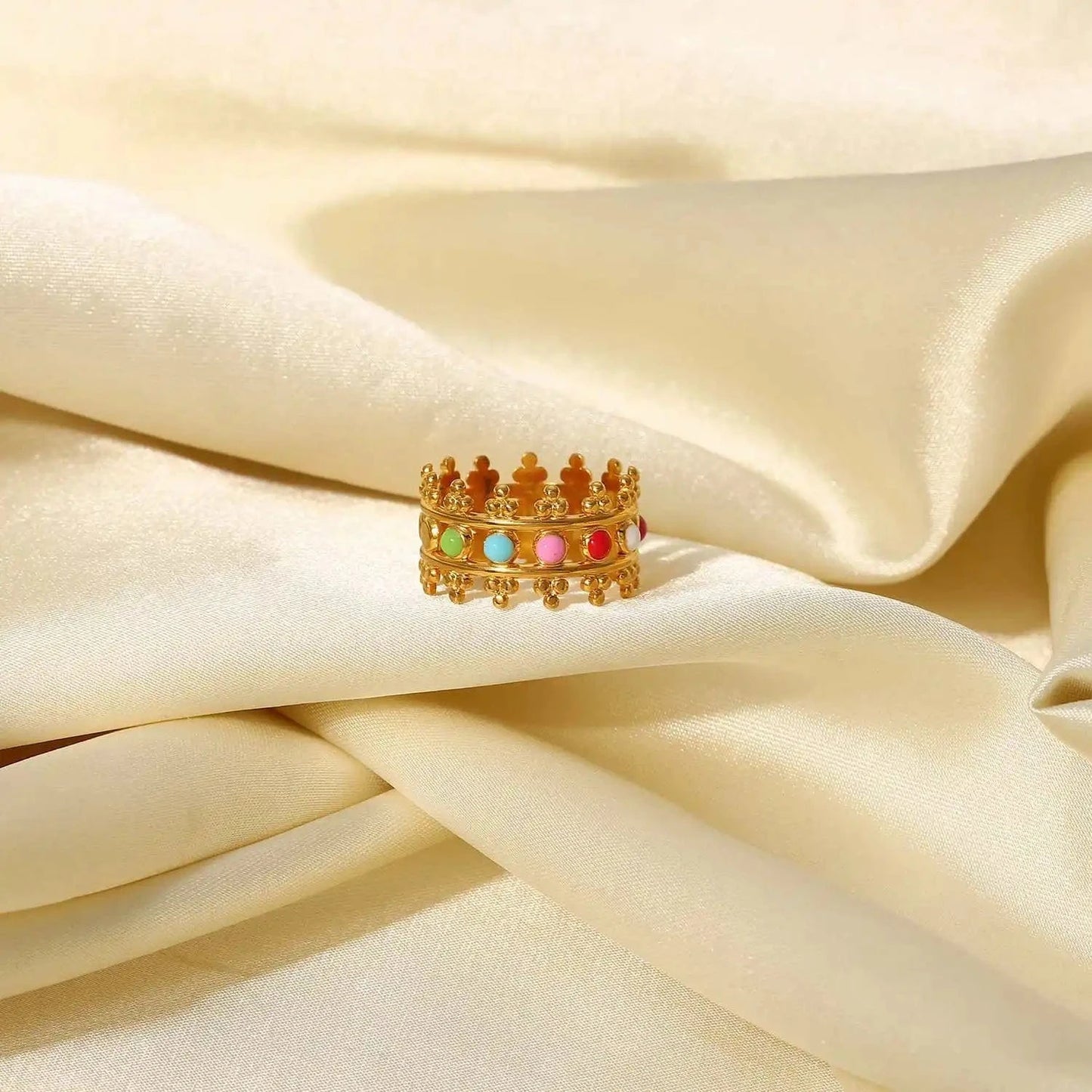 Resizable / R2087 R2087 INS Colorful Crown Stainless Steel 18k Gold Plated Oil Driping Enamel Jewelry Waterproof Wide Band Rings Women