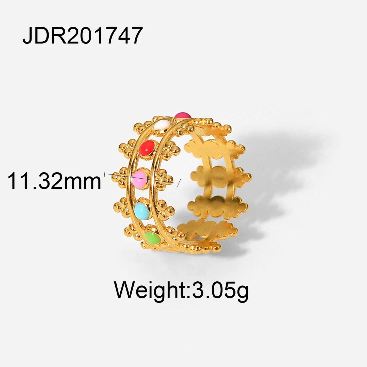 Resizable / R2087 R2087 INS Colorful Crown Stainless Steel 18k Gold Plated Oil Driping Enamel Jewelry Waterproof Wide Band Rings Women