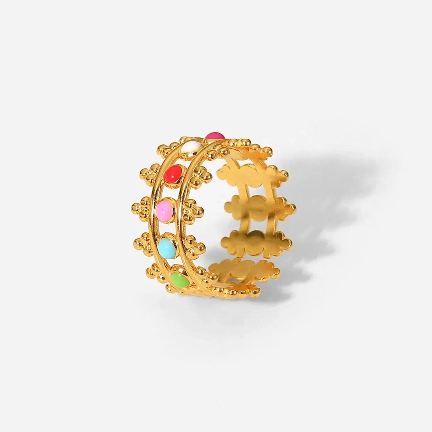 Resizable / R2087 R2087 INS Colorful Crown Stainless Steel 18k Gold Plated Oil Driping Enamel Jewelry Waterproof Wide Band Rings Women