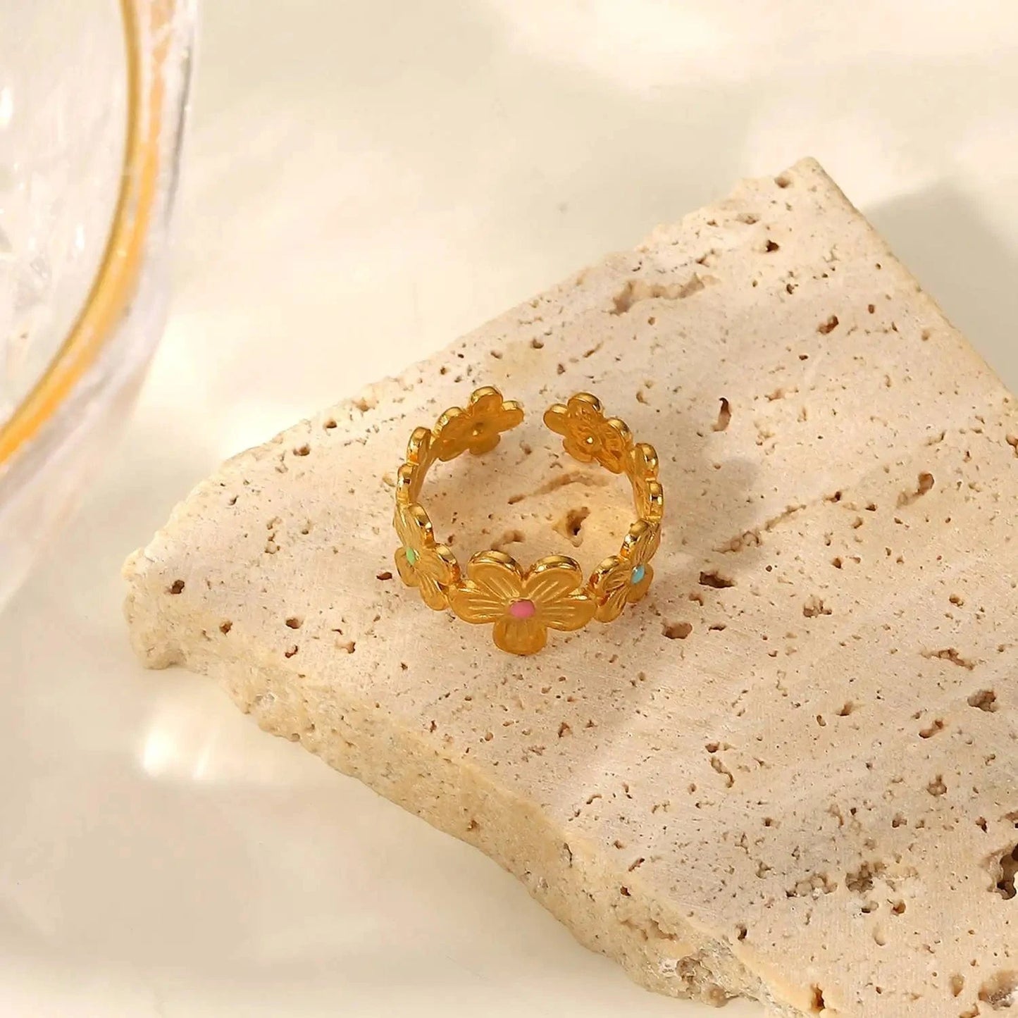 Resizable / R2099 R2099 Stainless Steel 18k Gold Plated Oil Driping Enamel Jewelry Colorful Flower Finger Rings