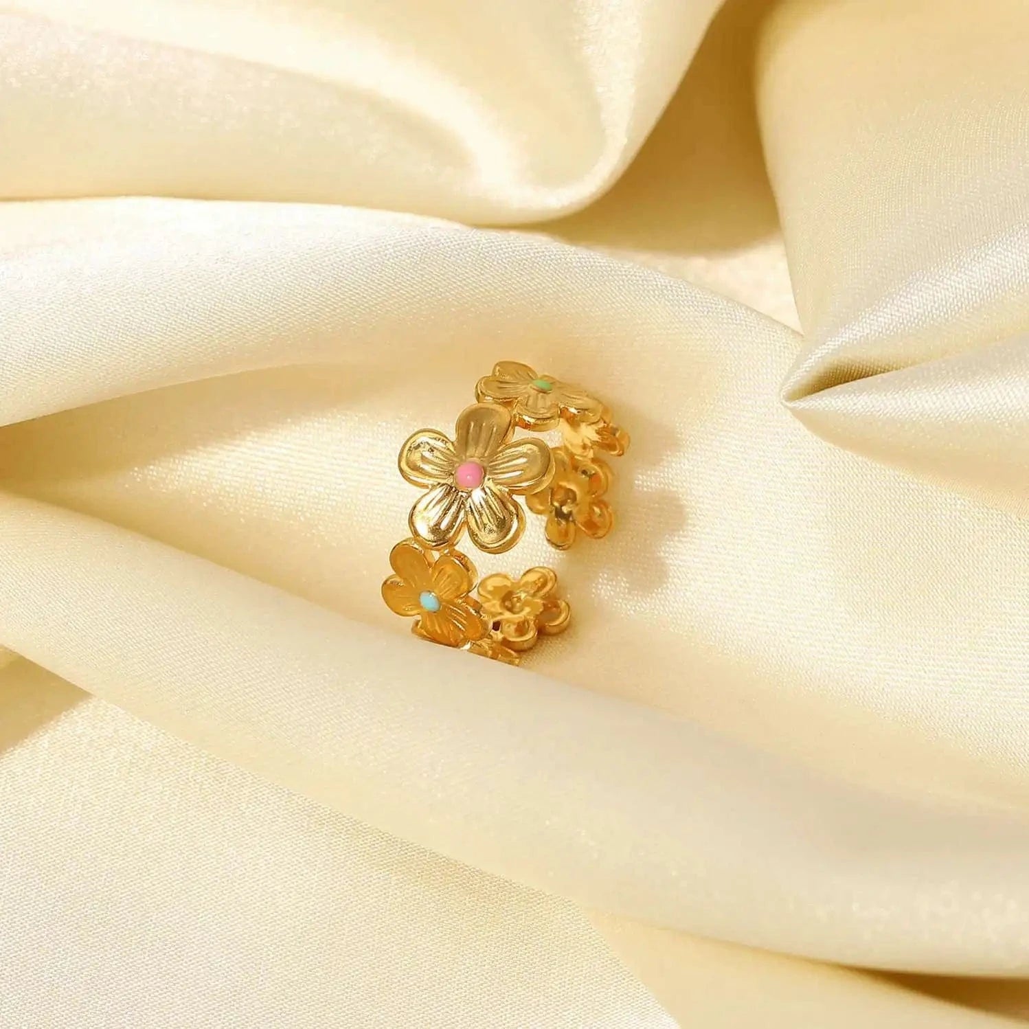 Resizable / R2099 R2099 Stainless Steel 18k Gold Plated Oil Driping Enamel Jewelry Colorful Flower Finger Rings