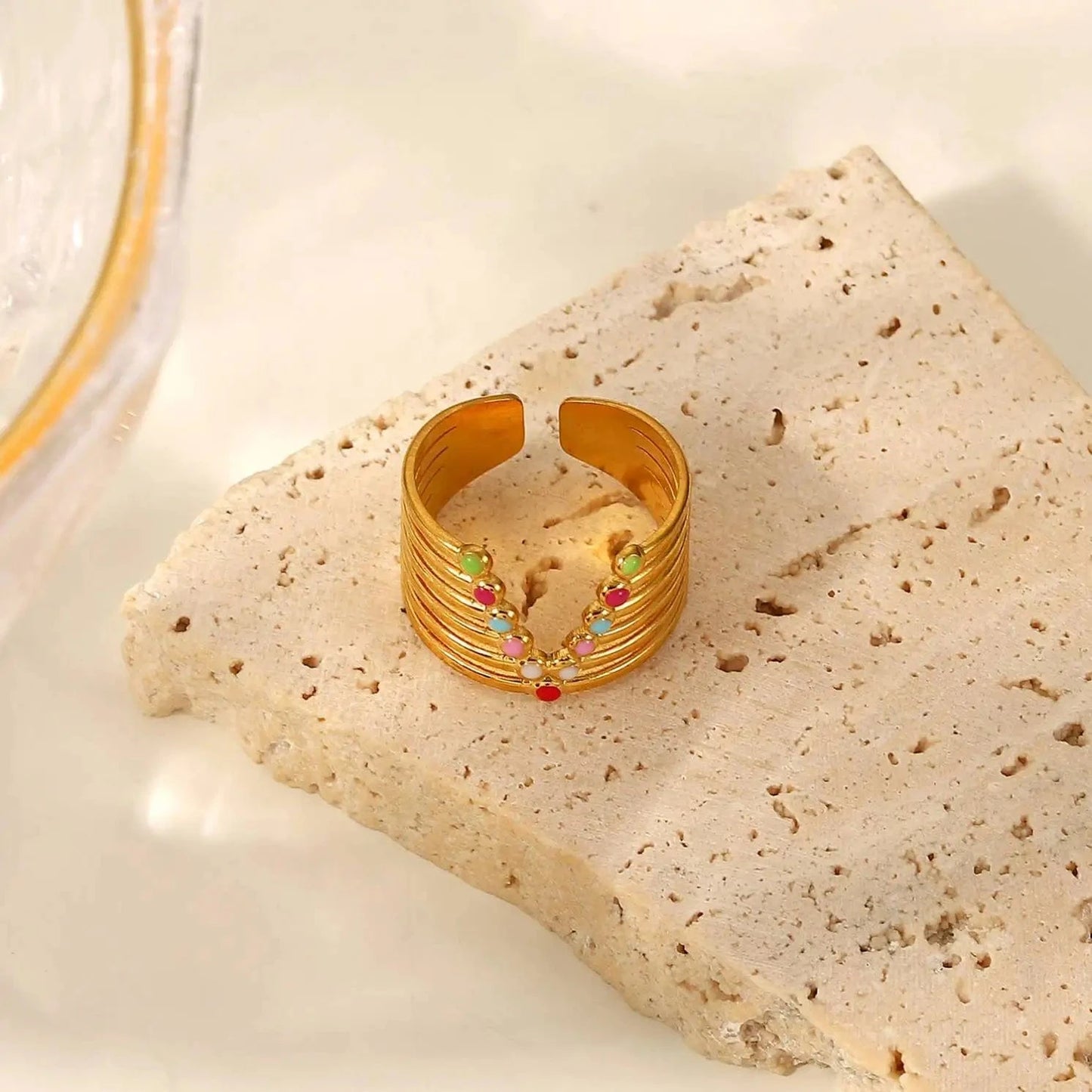 Resizable / R2100 R2100 Stainless Steel 18k Gold Plated Jewelry Gift Colorful  Enamel Wide V-Shaped Rings