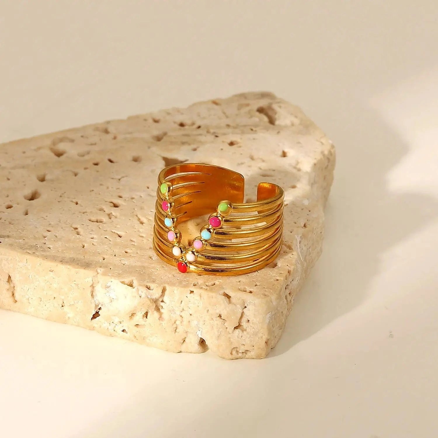 Resizable / R2100 R2100 Stainless Steel 18k Gold Plated Jewelry Gift Colorful  Enamel Wide V-Shaped Rings