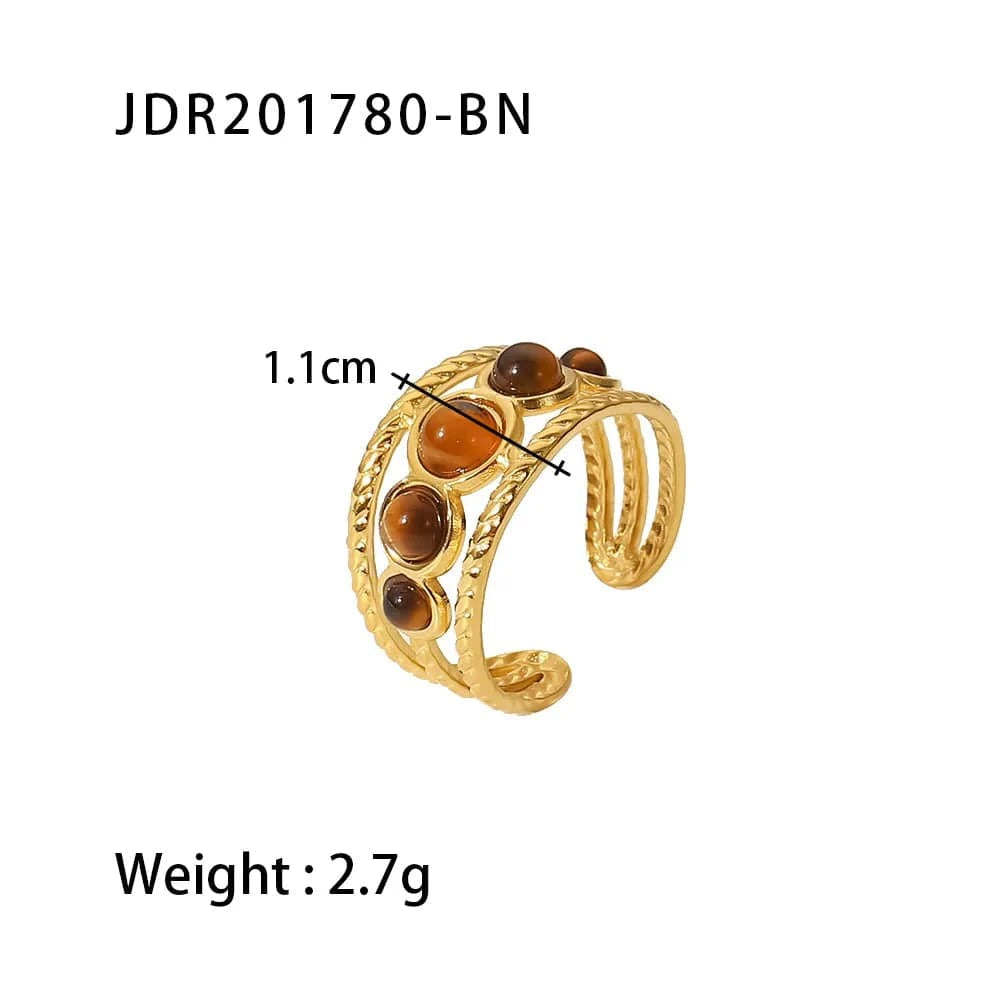 Resizable / R2112 R2112 Trendy Stainless Steel 18K Gold Plated Jewelry Gift Five Tiger-eye Stone Round Hollow Opening Rings for Women