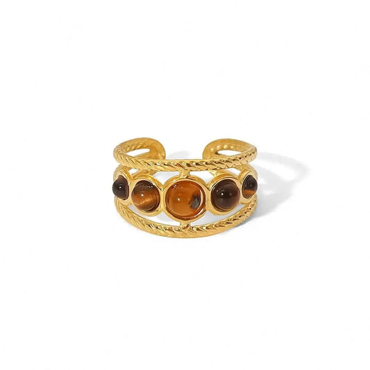 Resizable / R2112 R2112 Trendy Stainless Steel 18K Gold Plated Jewelry Gift Five Tiger-eye Stone Round Hollow Opening Rings for Women