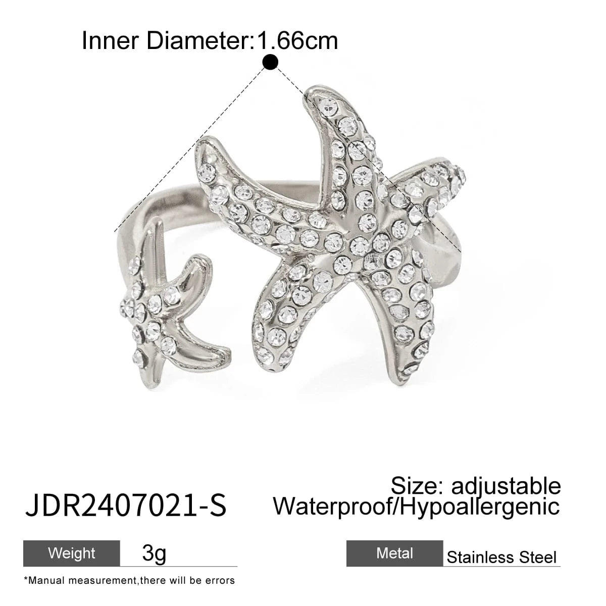 Resizable / R2496S R2496 18K PVD Gold Plated Stainless Steel Searing White Zircon Starfish Ocean Open Ring Jewelry For Women