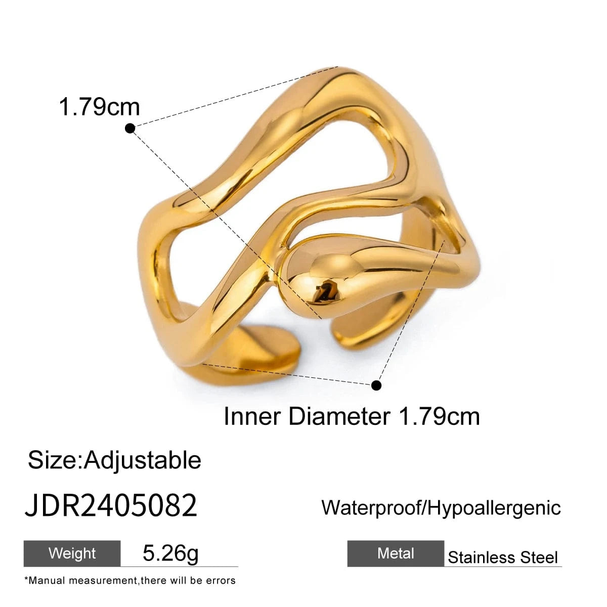 Resizable / R2838 R2498 18K PVD Gold Plated Stainless Steel Liquid Drop OpenTarnish-Free Waterproof Ring Jewelry For Women