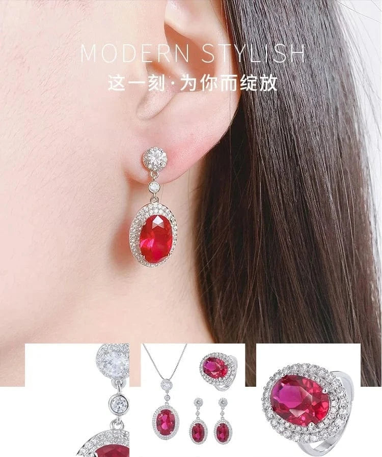resizable / Red 2024 Wholesale Western  Luxury 18K Gold Korean Red CZ Zircon Ring Necklace Earrings Jewelry Women's Fashion Wedding Jewelry Set
