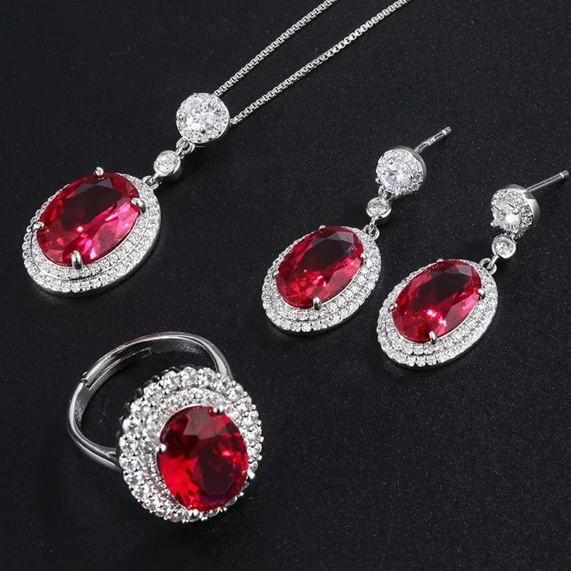 resizable / Red 2024 Wholesale Western  Luxury 18K Gold Korean Red CZ Zircon Ring Necklace Earrings Jewelry Women's Fashion Wedding Jewelry Set