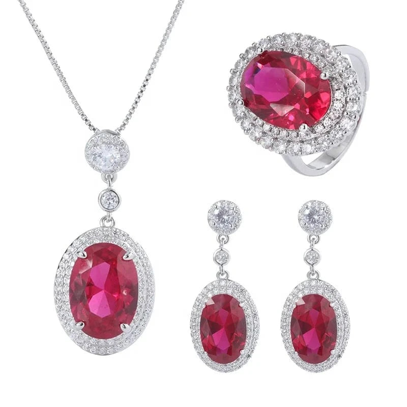 resizable / Red 2024 Wholesale Western  Luxury 18K Gold Korean Red CZ Zircon Ring Necklace Earrings Jewelry Women's Fashion Wedding Jewelry Set