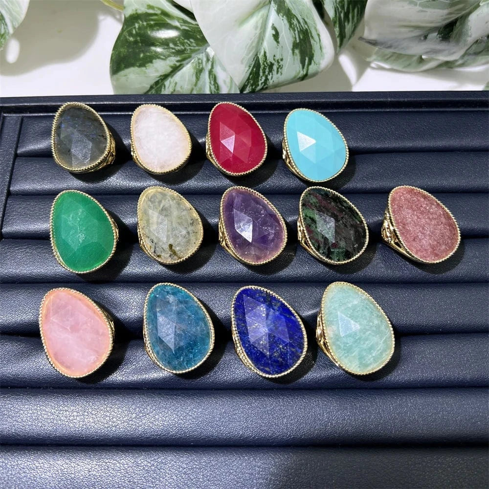 Resizable / ring / Multi Multi Colors Big Stone Natural Rings Pear Shape Handmade Gold Plated Faceted Gemstone Statement Jewelry Zoisite Rings for Girl