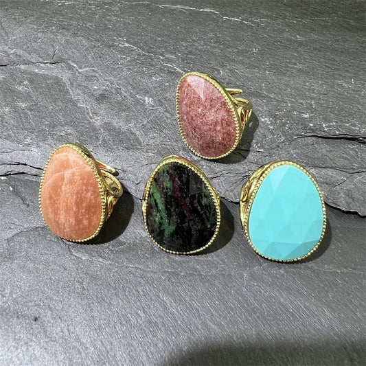 Resizable / ring / Multi Multi Colors Big Stone Natural Rings Pear Shape Handmade Gold Plated Faceted Gemstone Statement Jewelry Zoisite Rings for Girl