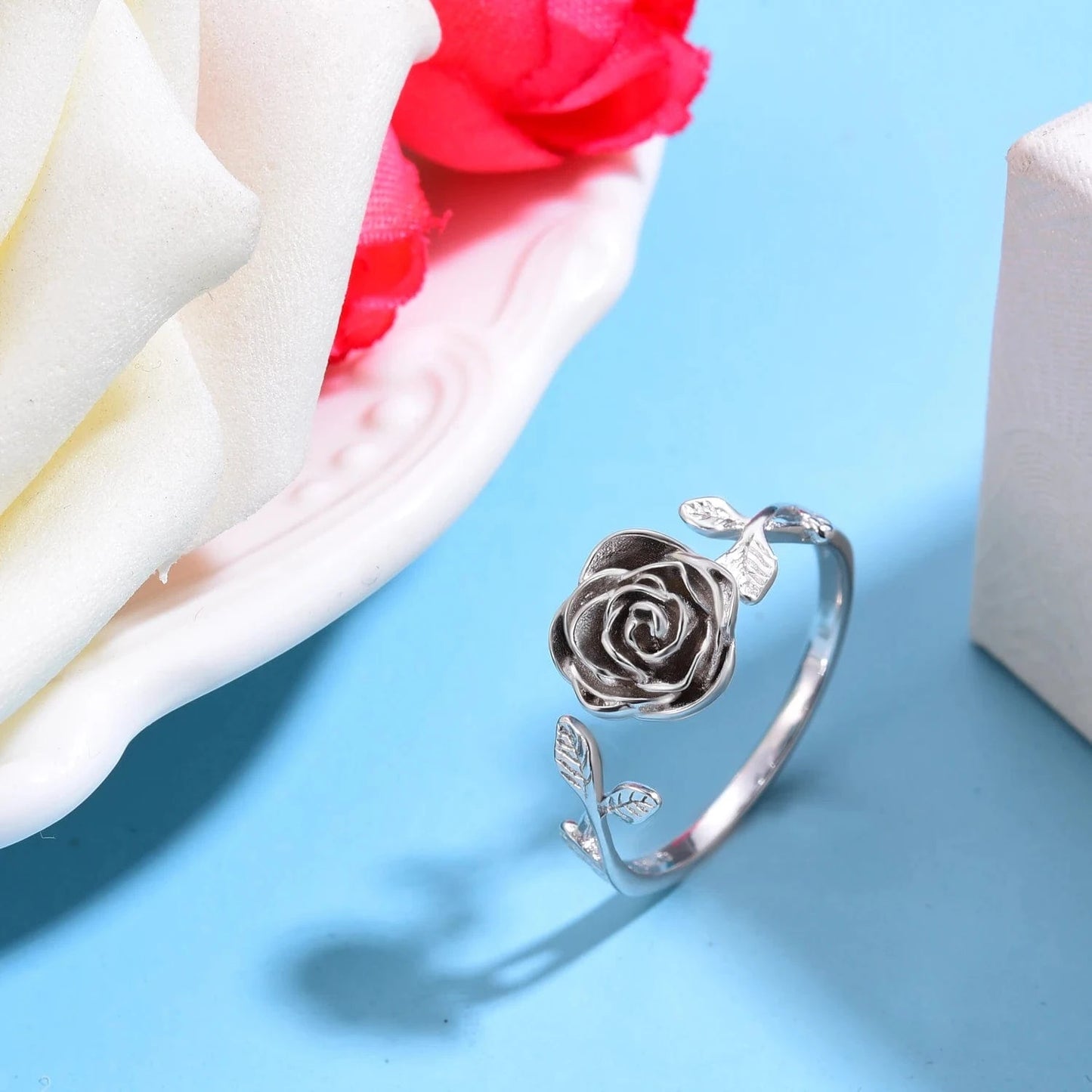 Resizable / silver Amazon Hot Selling 18k white rose gold plated 925 Sterling Silver Jewelry flower Ring