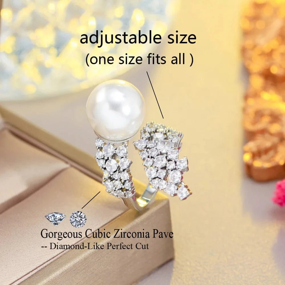 Resizable / Silver-J0197-Yin Gorgeous Round Chunky Bling Cubic Zircon Jewelry White Gold Plated Adjustable Women Bridal Wedding Party Rings with Big Pearl