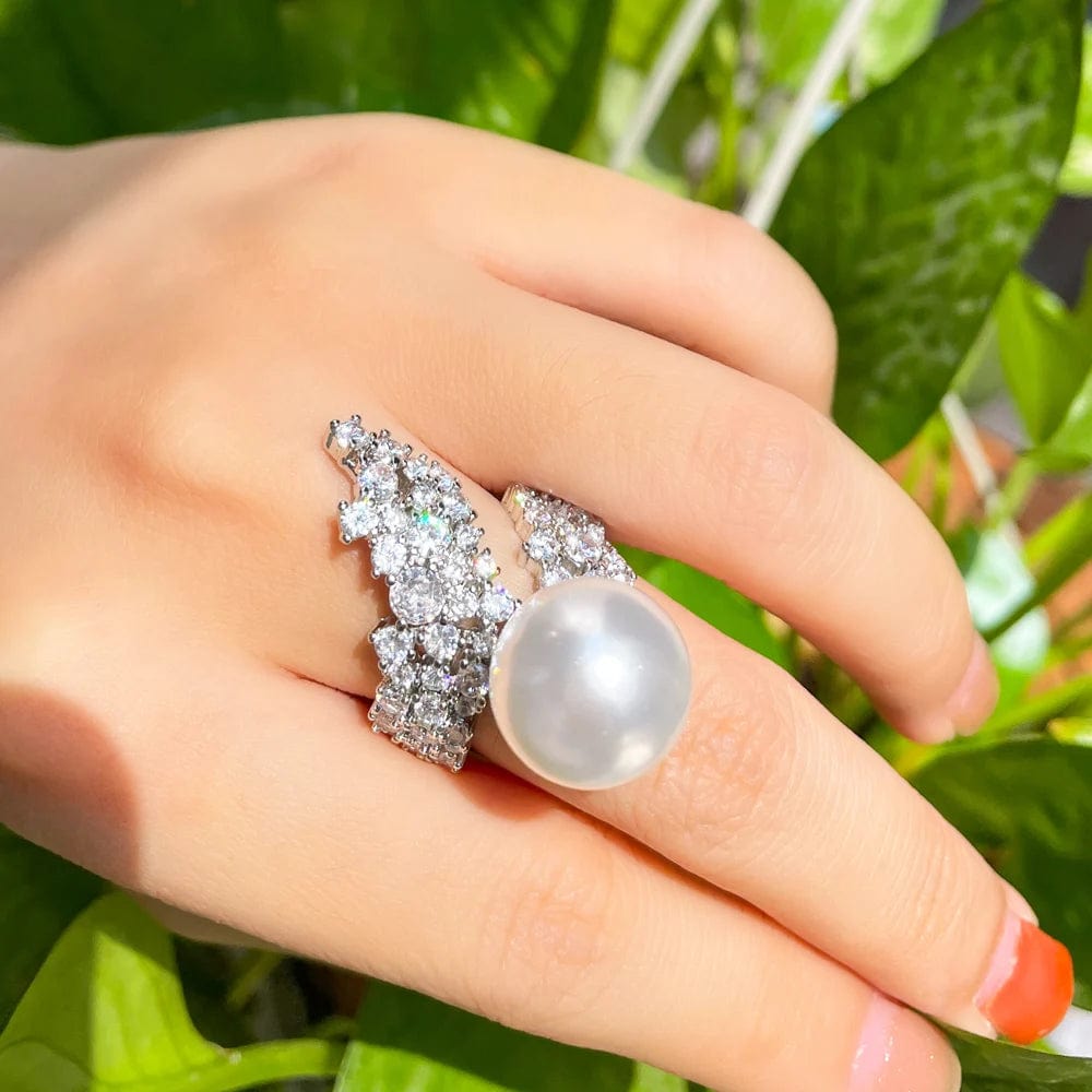 Resizable / Silver-J0197-Yin Gorgeous Round Chunky Bling Cubic Zircon Jewelry White Gold Plated Adjustable Women Bridal Wedding Party Rings with Big Pearl