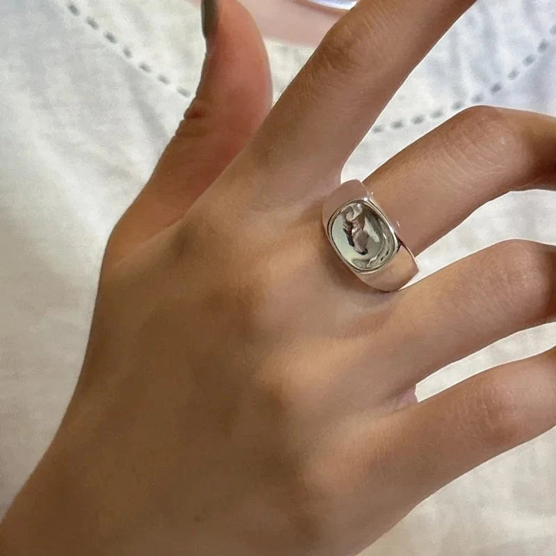Resizable / silver New Fashion 1 Piece 925 Sterling Silver Concave Square Shape Rings Fine Jewelry For Women