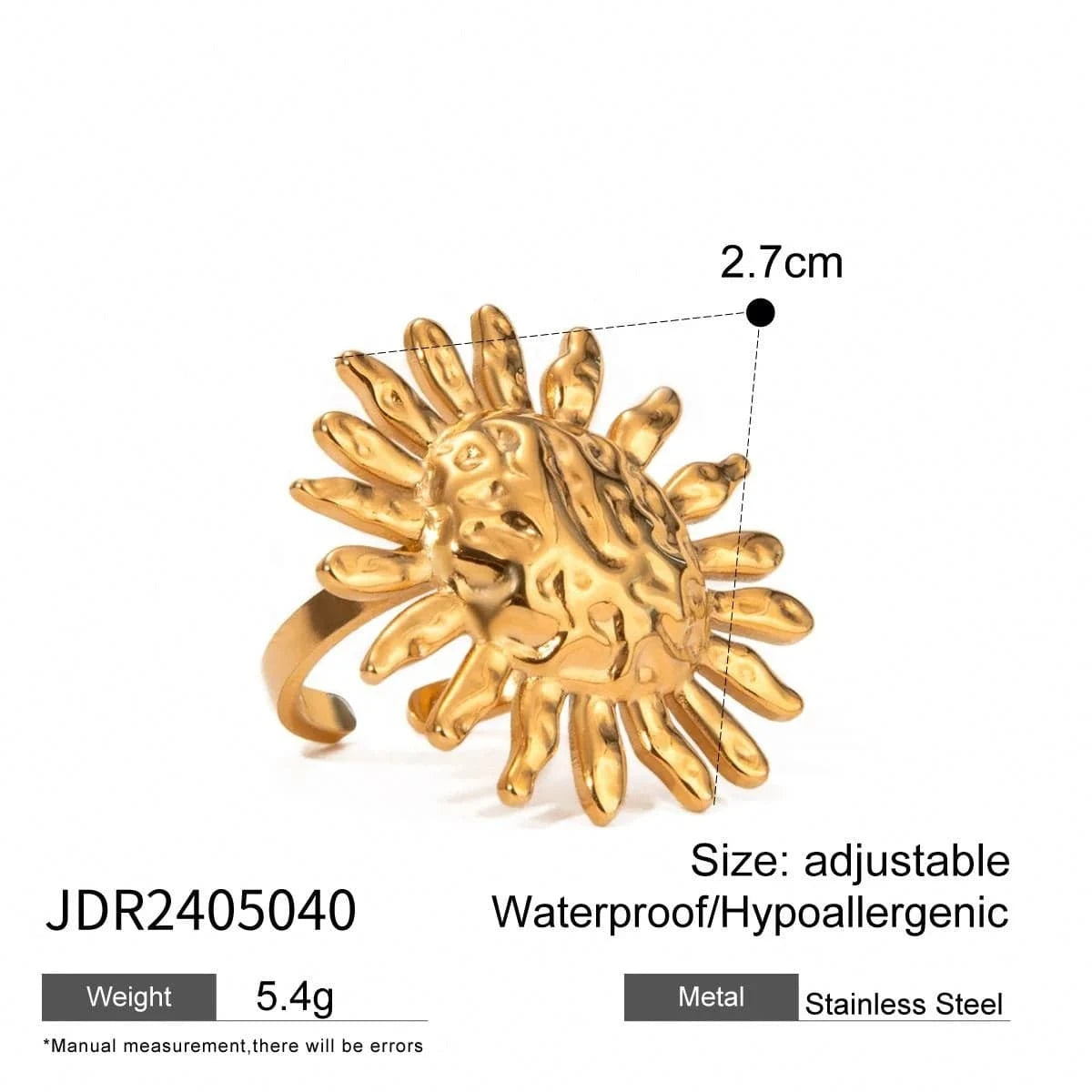 Resizable / Simple / R2595 R2595 Daisy Flower Stainless Steel 18K PVD Gold Plated Ring Flower Sunflower Chunky Bulky Ring for Girl Gift