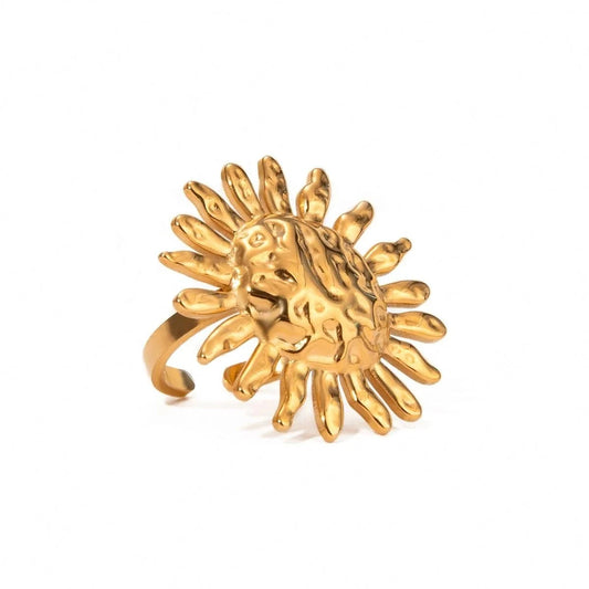 Resizable / Simple / R2595 R2595 Daisy Flower Stainless Steel 18K PVD Gold Plated Ring Flower Sunflower Chunky Bulky Ring for Girl Gift