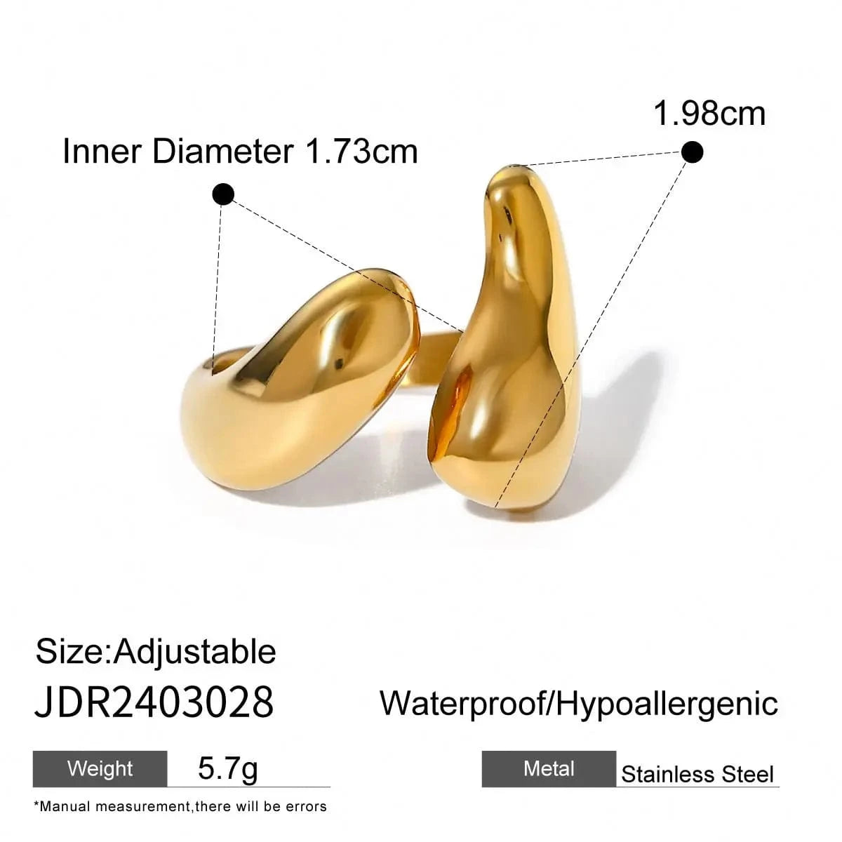 Resizable / Simple / R2641 R2641 Waterproof Stainless Steel 18K PVD Gold Plated Geometric Adjustable Opening Ring Simple Chunky Bulky Ring for Girl Gift
