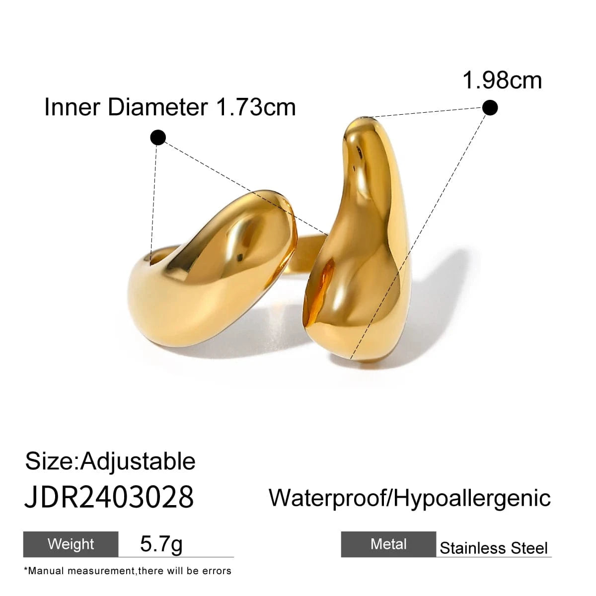 Resizable / Simple / R2641 R2641 Waterproof Stainless Steel 18K PVD Gold Plated Geometric Adjustable Opening Ring Simple Chunky Bulky Ring for Girl Gift