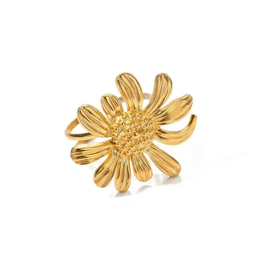 Resizable / Trendy / R1900 R1900 French Minimalist Chic Jewelry Waterproof 18K Gold Plated Sunflower Opening Ring Stainless Steel Finger Ring