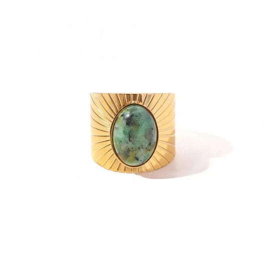 Resizable / TRENDY / R2082 R2082 Wide Style Natural African Turquoise Sun 18K Gold Plated Stainless Steel Opening Rings Women