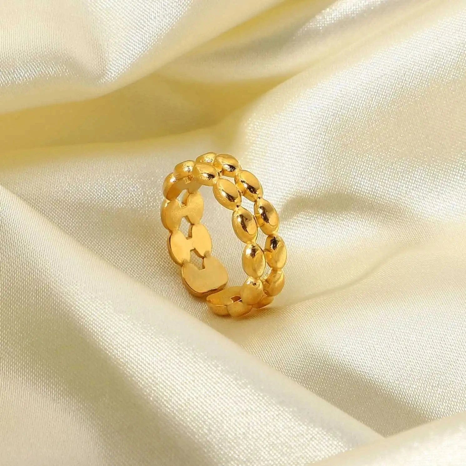 Resizable / TRENDY / R2120 R2120 18k Gold Plated Double Layer Geometric Oval Bean Beads Open Stainless Steel Finger Rings For Woman