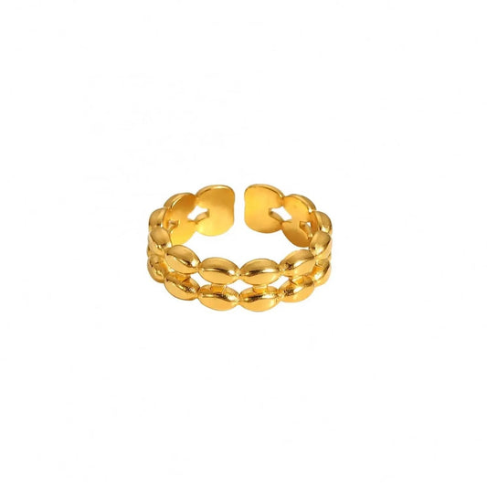 Resizable / TRENDY / R2120 R2120 18k Gold Plated Double Layer Geometric Oval Bean Beads Open Stainless Steel Finger Rings For Woman