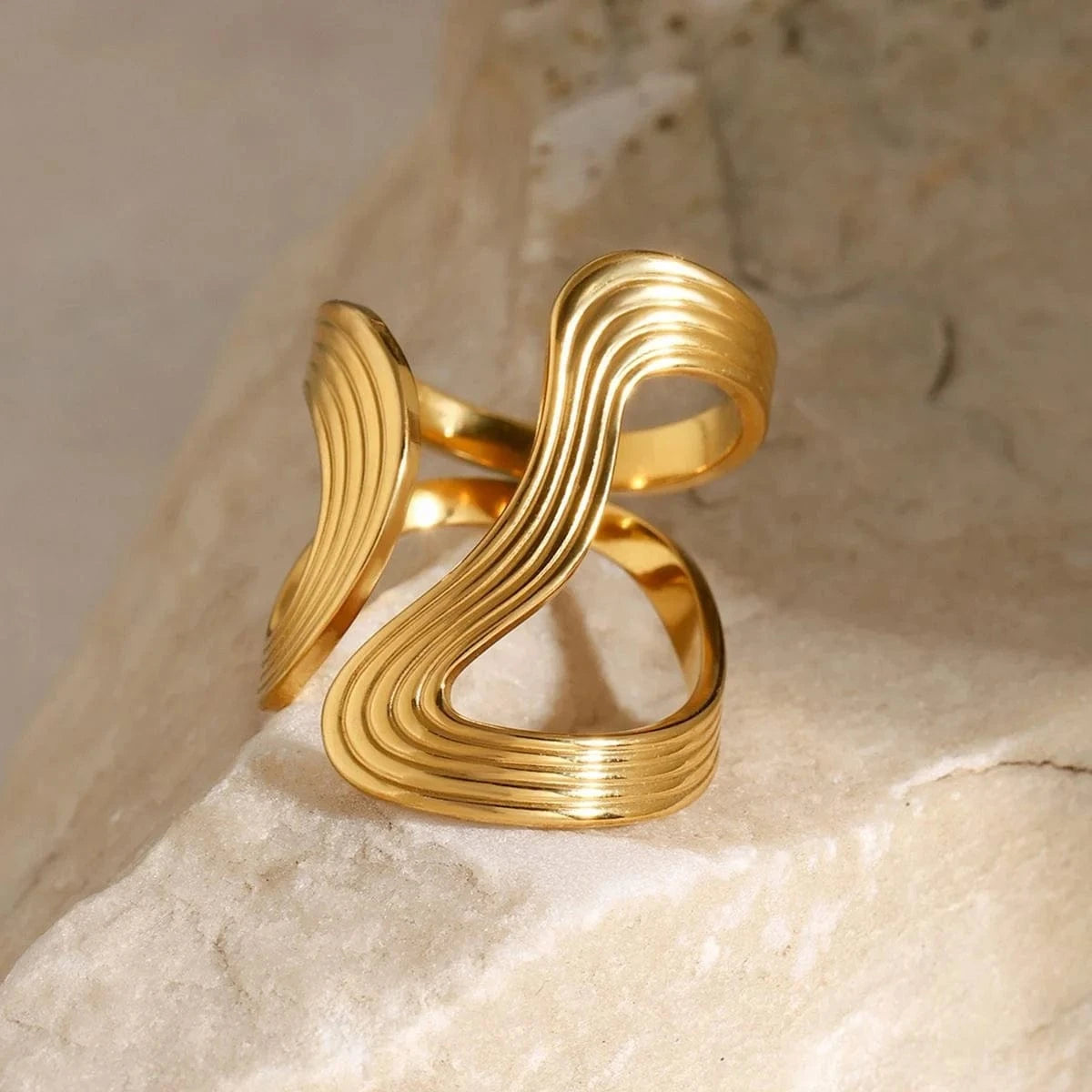 Resizable / Trendy / R2518 R2518 18k Gold Stainless Steel Twist Abstract Open Ring Statement Jewelry