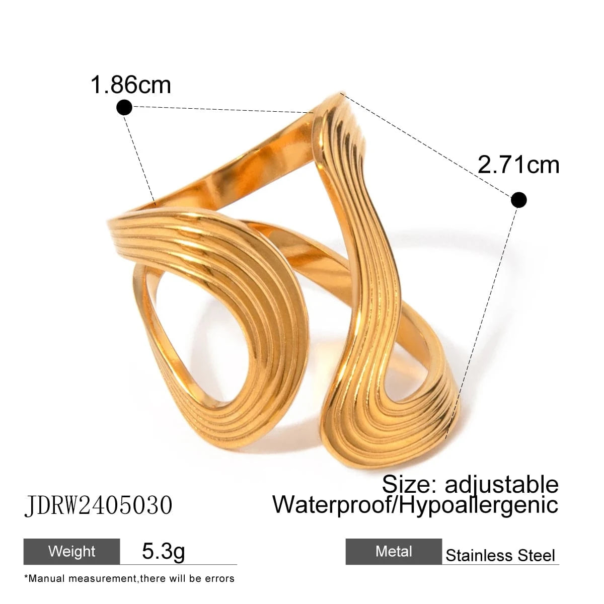 Resizable / Trendy / R2518 R2518 18k Gold Stainless Steel Twist Abstract Open Ring Statement Jewelry
