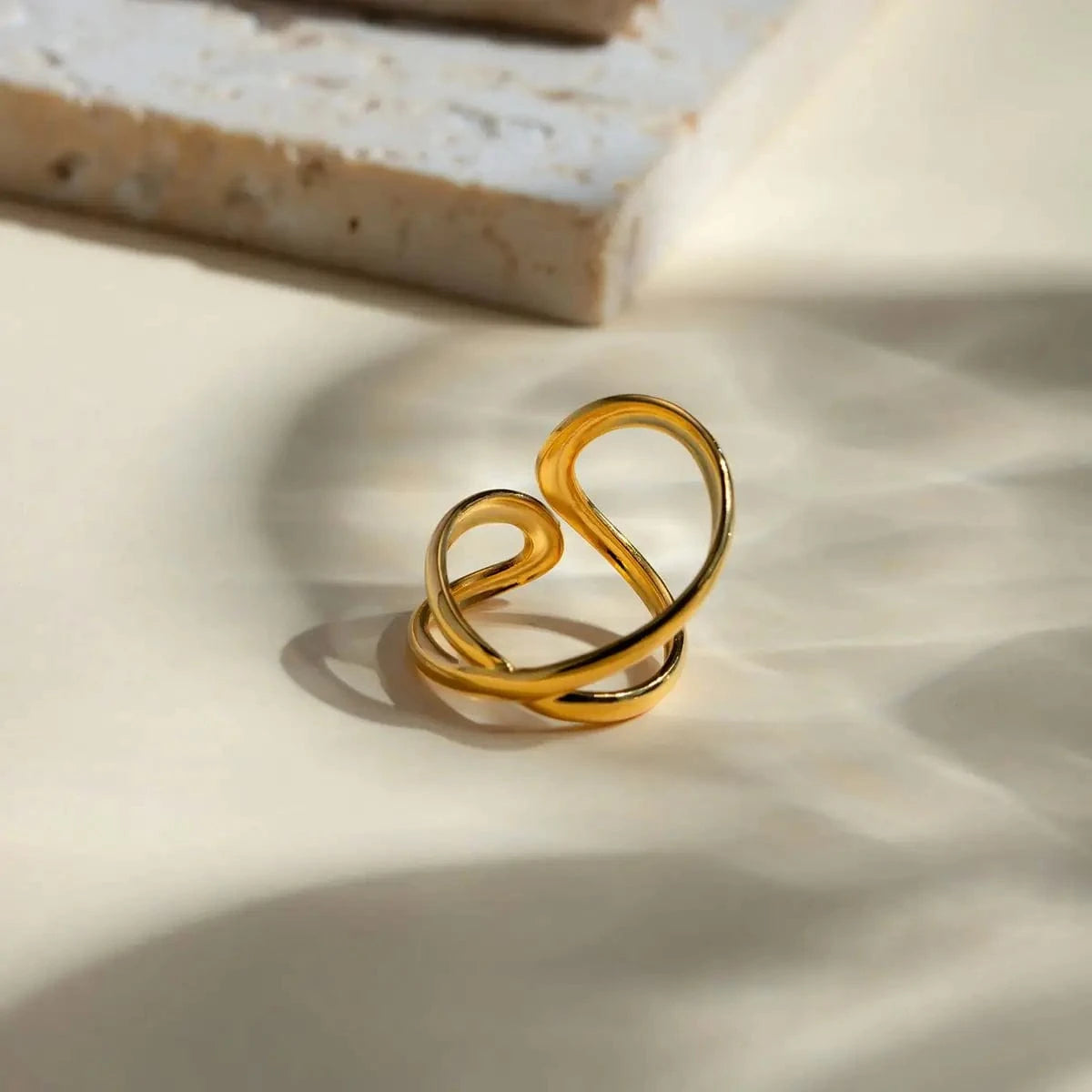 Resizable / TRENDY / R2654 R2654 Waterproof Geometric 18K PVD Gold Plated Stainless Steel Irregular Hollow Wavy Lines Stacking Ring