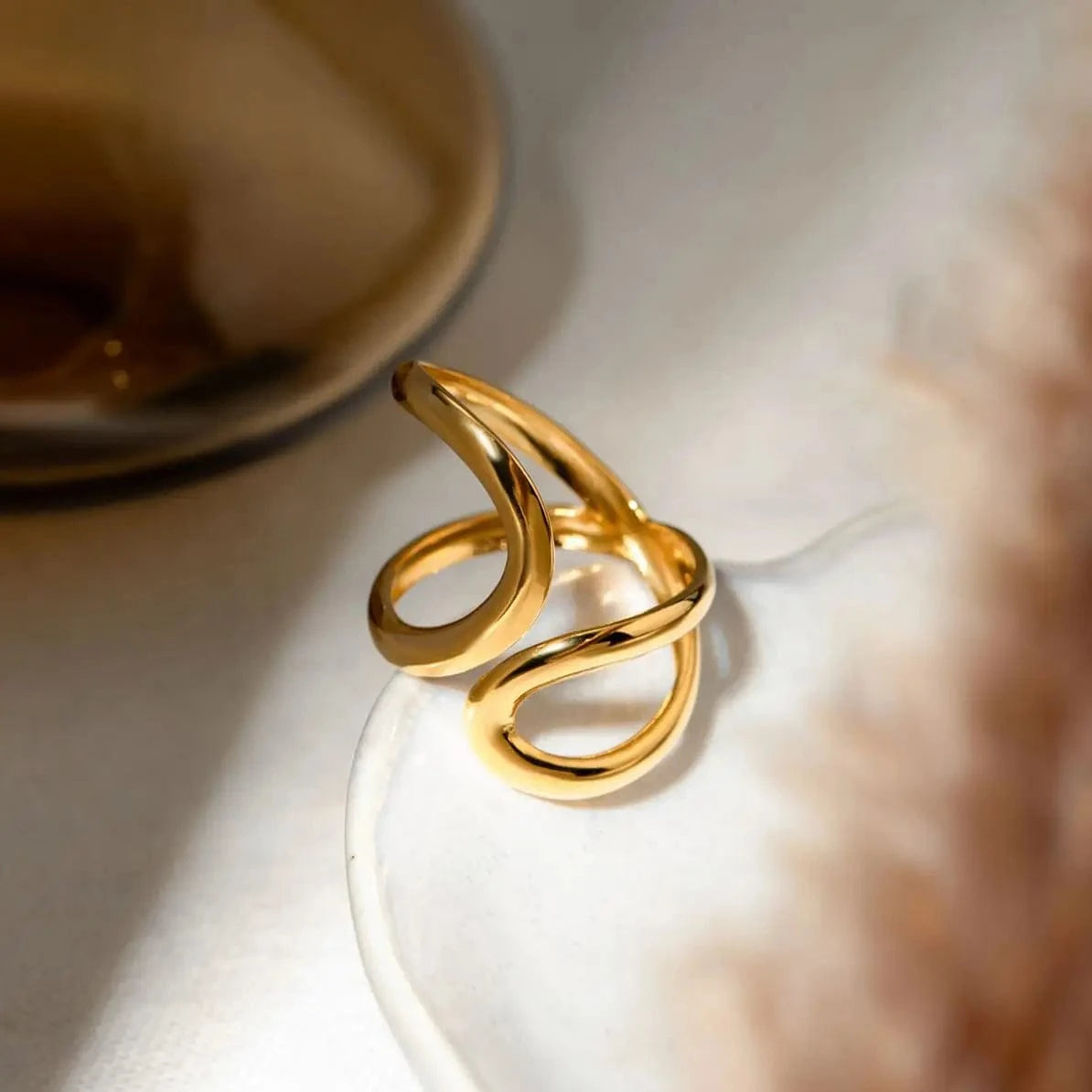 Resizable / TRENDY / R2654 R2654 Waterproof Geometric 18K PVD Gold Plated Stainless Steel Irregular Hollow Wavy Lines Stacking Ring