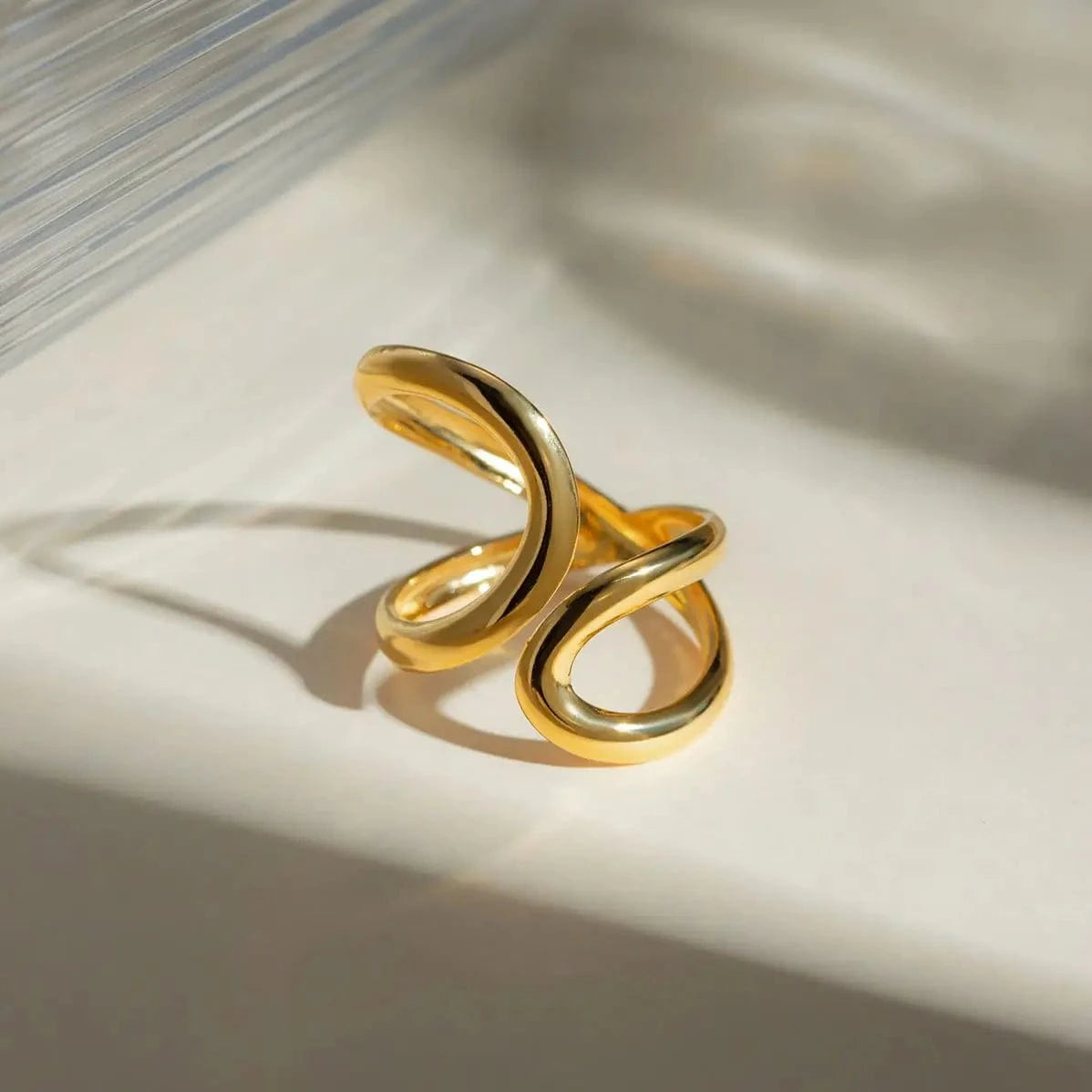 Resizable / TRENDY / R2654 R2654 Waterproof Geometric 18K PVD Gold Plated Stainless Steel Irregular Hollow Wavy Lines Stacking Ring