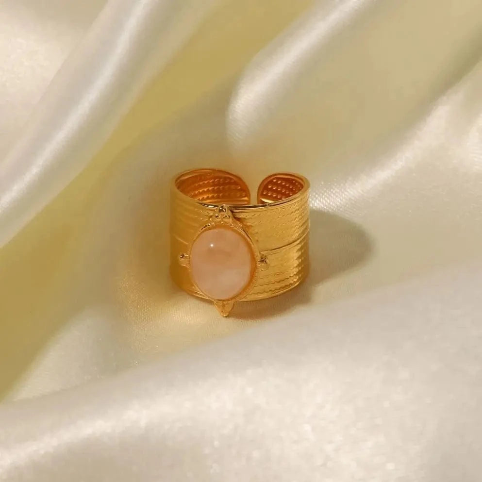 Resizable / Vintage / R2059 R2059 PVD 18k Gold Plated Stainless Steel Natural Rose Quartz Wide Opening Adjustable Rings Vintage Style