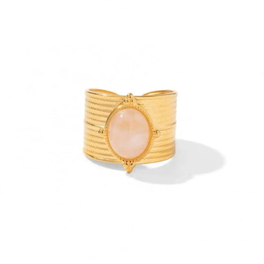 Resizable / Vintage / R2059 R2059 PVD 18k Gold Plated Stainless Steel Natural Rose Quartz Wide Opening Adjustable Rings Vintage Style