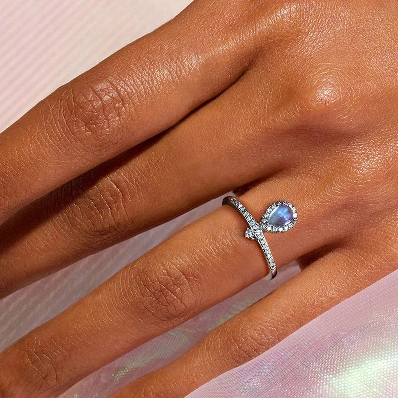 Resizable / XD0137B1-7 Factory wholesale Zirconia Natural Blue Moonstone Crown Water Drop Adjustable Ring for Women 925 Sterling Silver Luxury Jewelry
