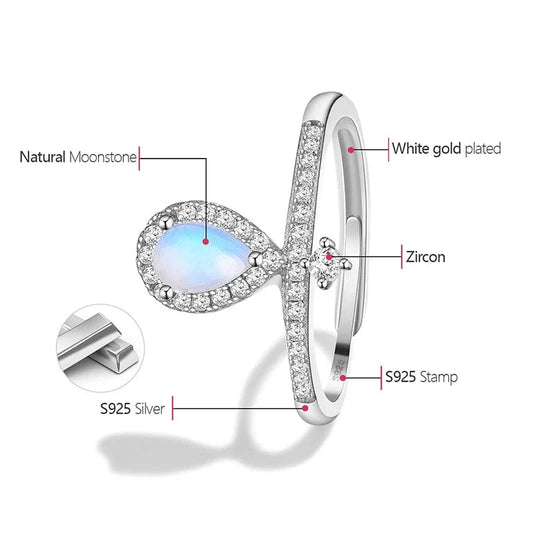 Resizable / XD0137B1-7 Factory wholesale Zirconia Natural Blue Moonstone Crown Water Drop Adjustable Ring for Women 925 Sterling Silver Luxury Jewelry