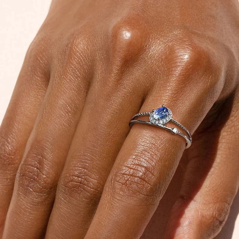 Resizable / XD0148B1-7 lotus fun Zirconia Natural flat oval 2 row Blue Moonstone halo ring 925 sterling silver Platinum Plated dating jewelry for lady