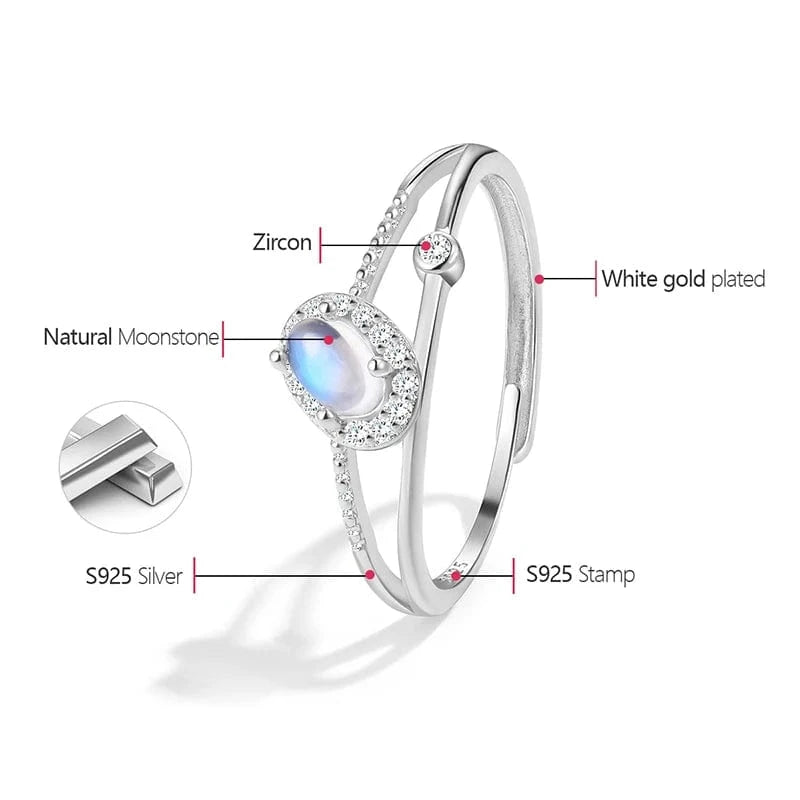Resizable / XD0148B1-7 lotus fun Zirconia Natural flat oval 2 row Blue Moonstone halo ring 925 sterling silver Platinum Plated dating jewelry for lady