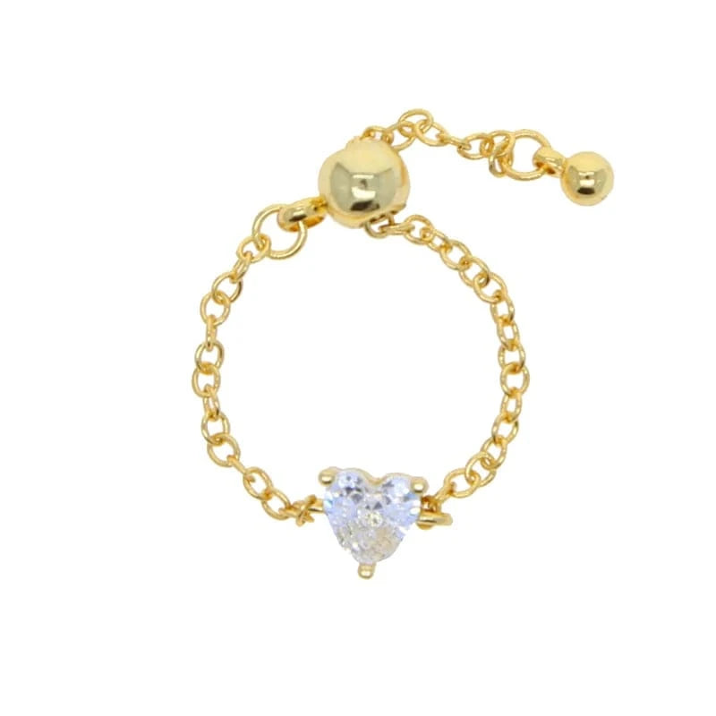 Resizable / Y-Gold-Heart Fashion Thin Link Chain Ring Circle Square Tear Drop 5A CZ Adjustable Ring Wedding Engagement Women Jewelry