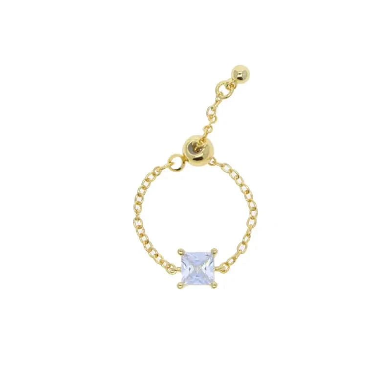 Resizable / Y-Gold-Square Fashion Thin Link Chain Ring Circle Square Tear Drop 5A CZ Adjustable Ring Wedding Engagement Women Jewelry