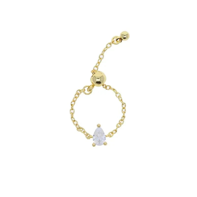 Resizable / Y-Gold-Tear Drop Fashion Thin Link Chain Ring Circle Square Tear Drop 5A CZ Adjustable Ring Wedding Engagement Women Jewelry