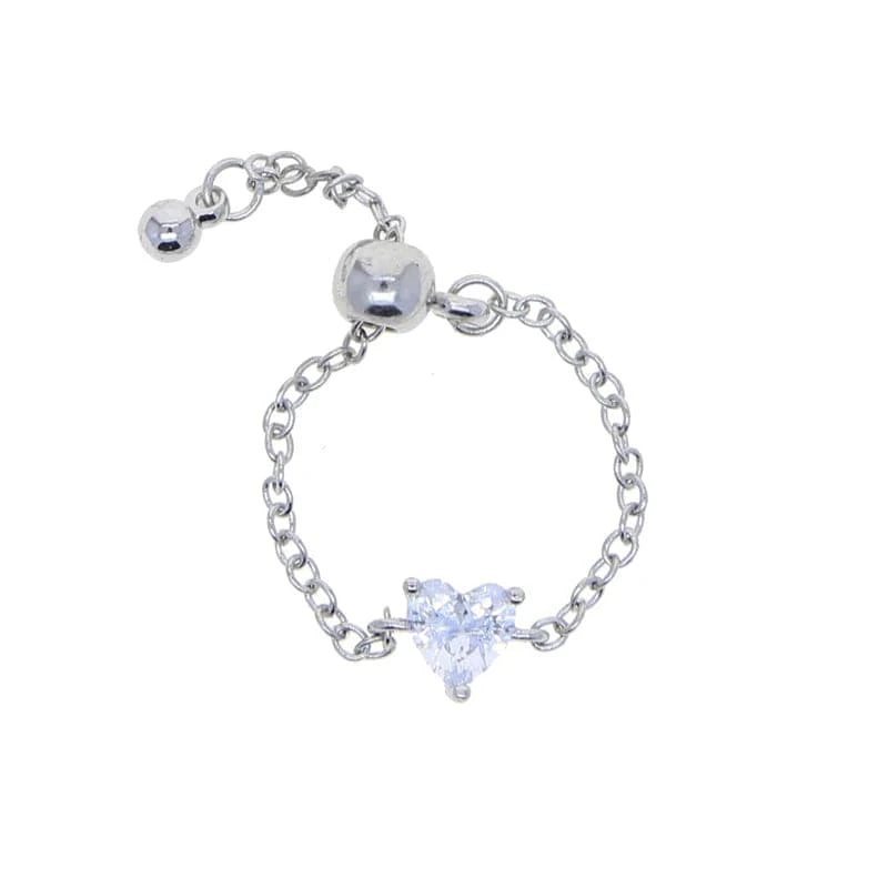 Resizable / Y-Silver-Heart Fashion Thin Link Chain Ring Circle Square Tear Drop 5A CZ Adjustable Ring Wedding Engagement Women Jewelry